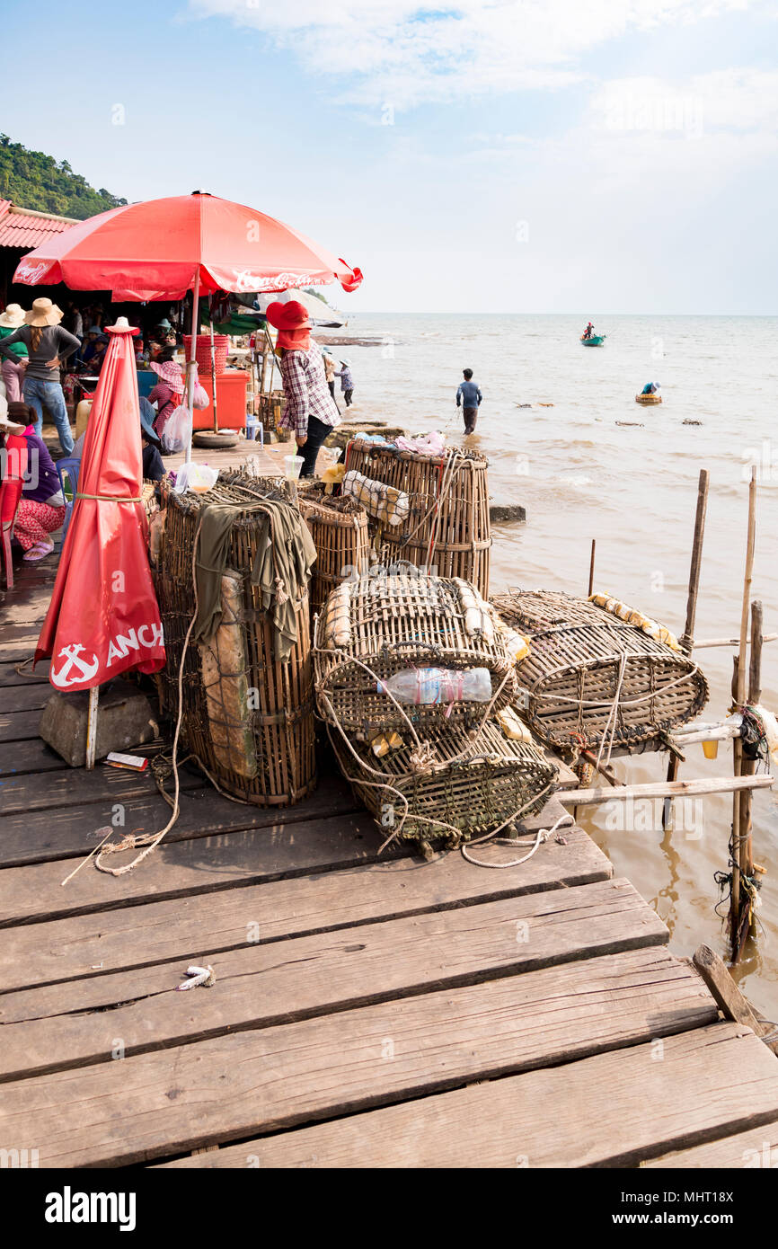 Wodden baskets at the Crab Market use to keep the crab live  and fresh in the sea before selling them, Krong Kaeb, Kep Province, Cambodia Stock Photo