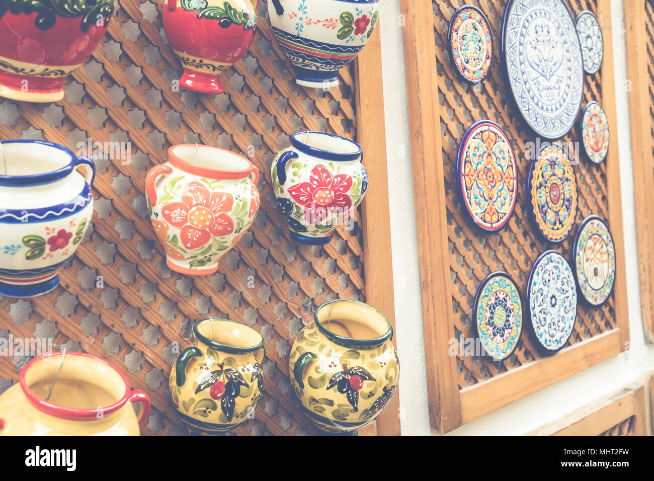 Ceramics plates at local souvenir shop in Cordoba, Andalusia, Spain. Stock Photo