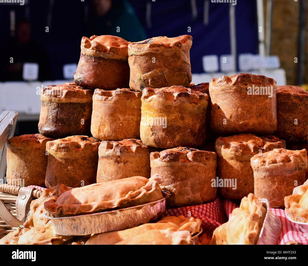 A pile of handraised pies at the Deddington Farmer's Market in