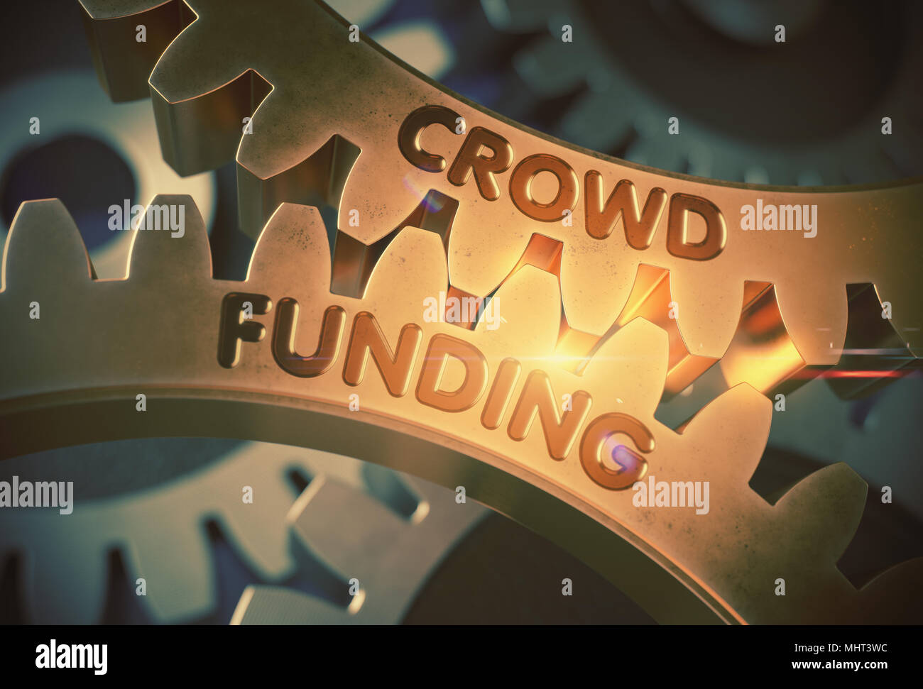 Golden Gears with Crowd Funding Concept. 3D Illustration. Stock Photo