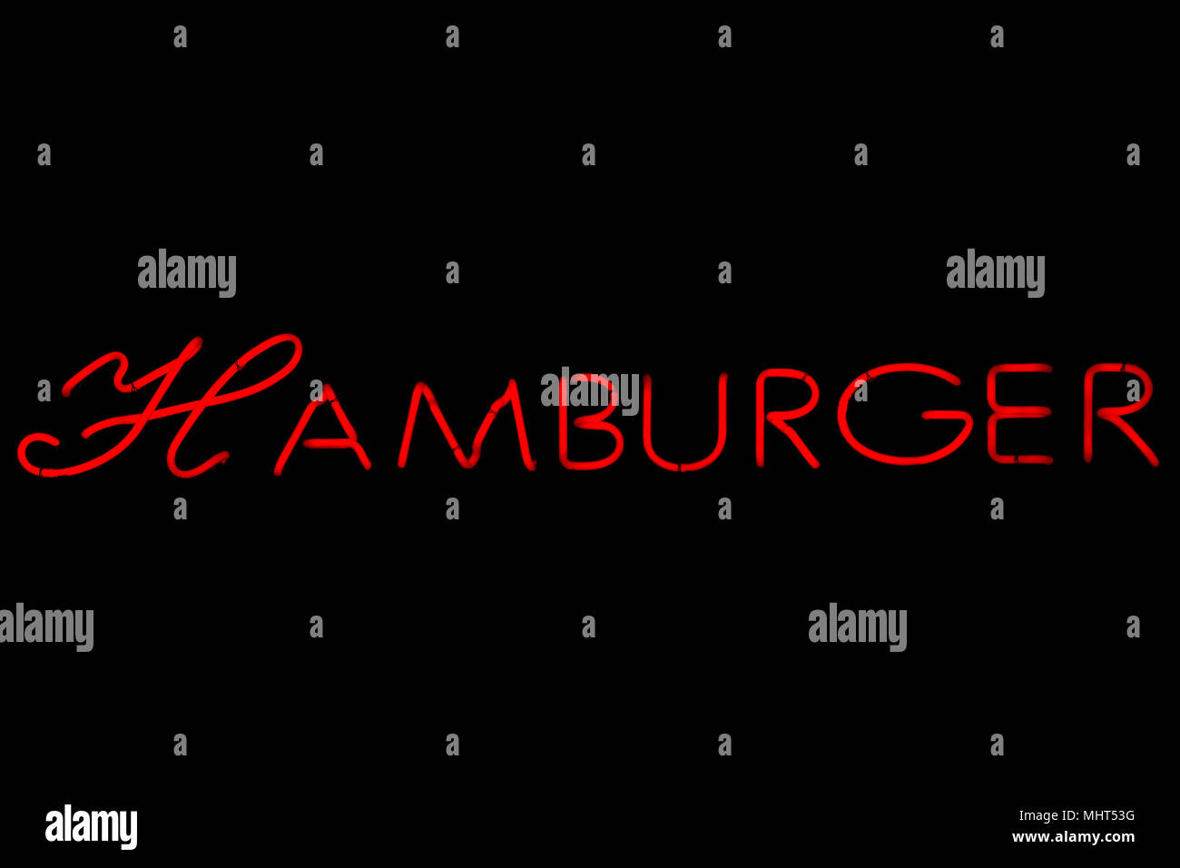 hamburger neon red sign isolated on black background Stock Photo