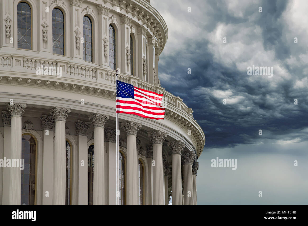 Washington DC Capitol dome detail with waving american flag Stock Photo ...