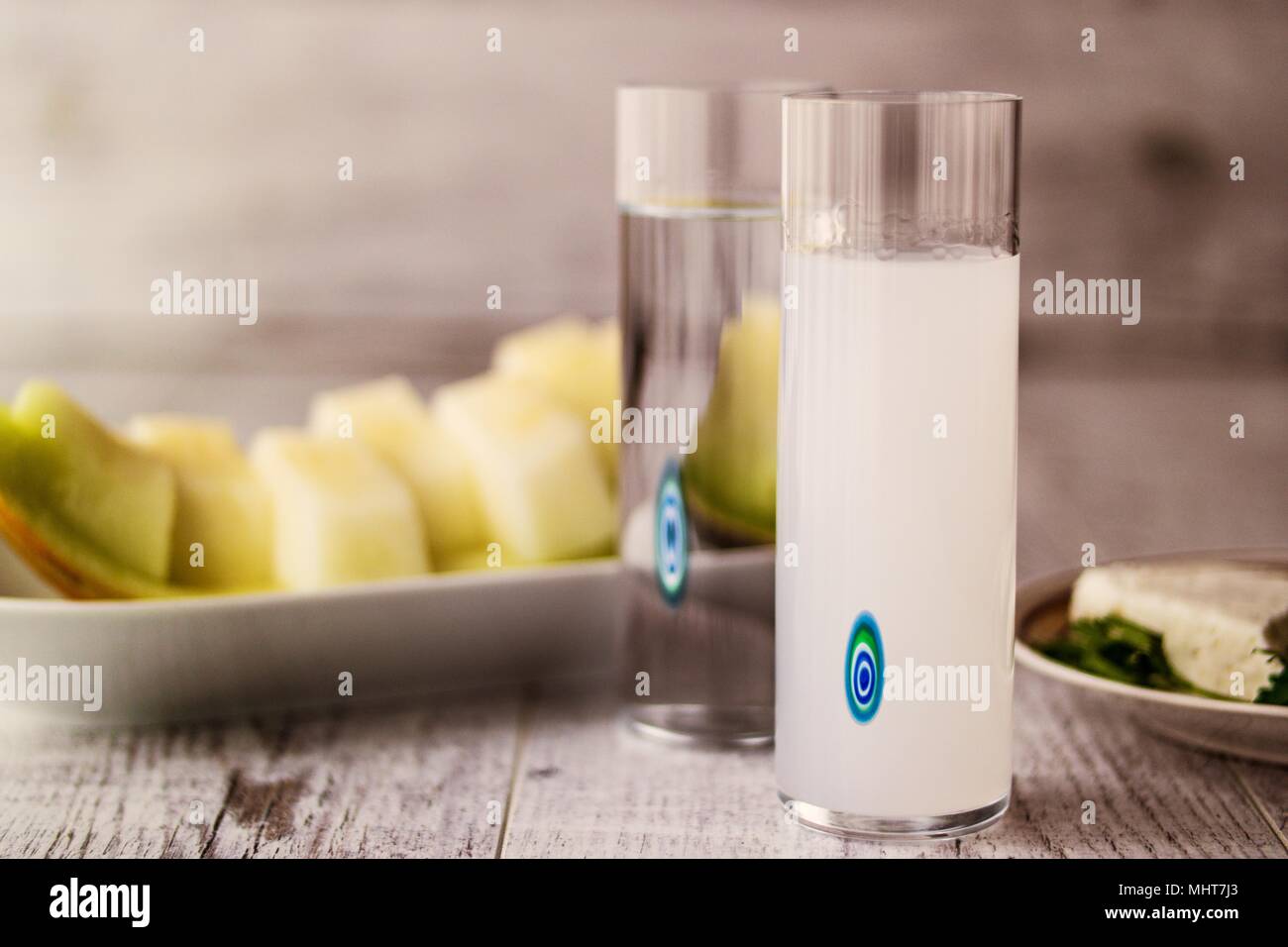 Turkish Drink Raki with melon and feta cheese Stock Photo - Alamy