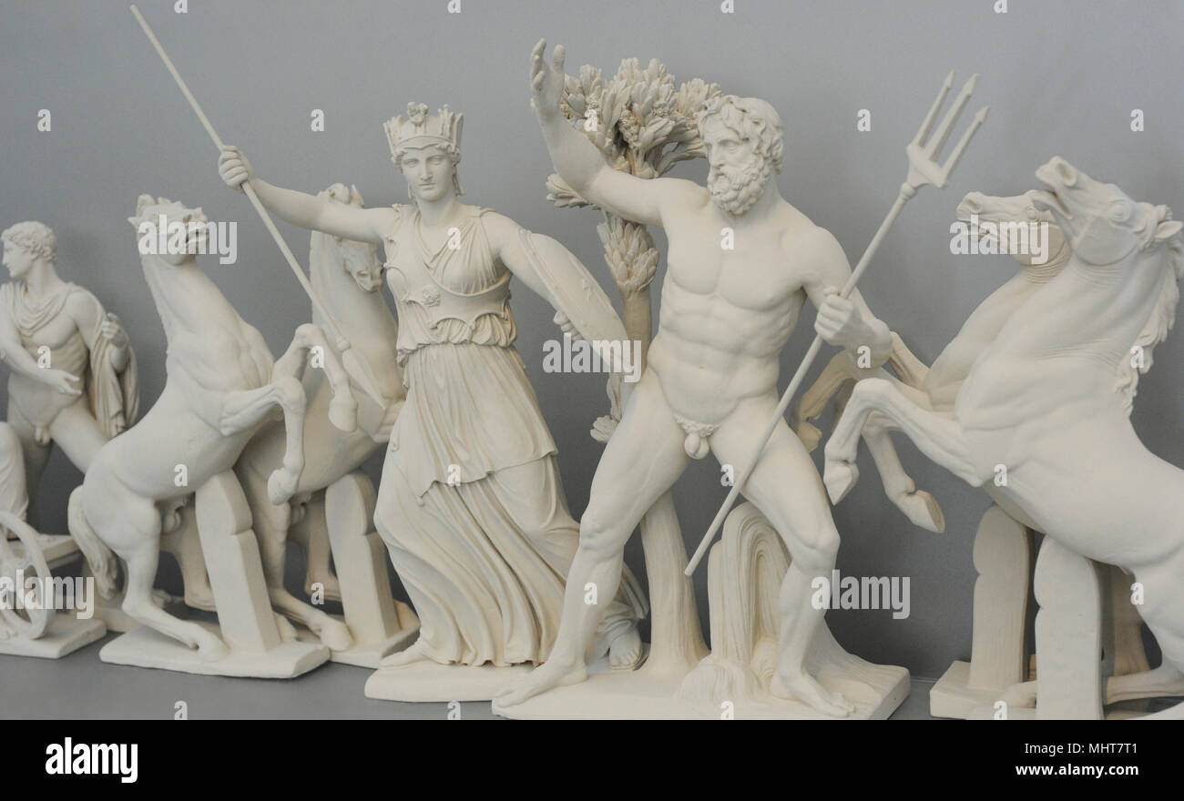 Reconstruction of the West pediment of Parthenon, Acropolis of Athens. According the drawing of K. Schwerzek, 1904. Quarrel between Athena and Poseidon for Athens and Attica. 5th century BC. Acropolis Museum. Athens. Greece. Stock Photo