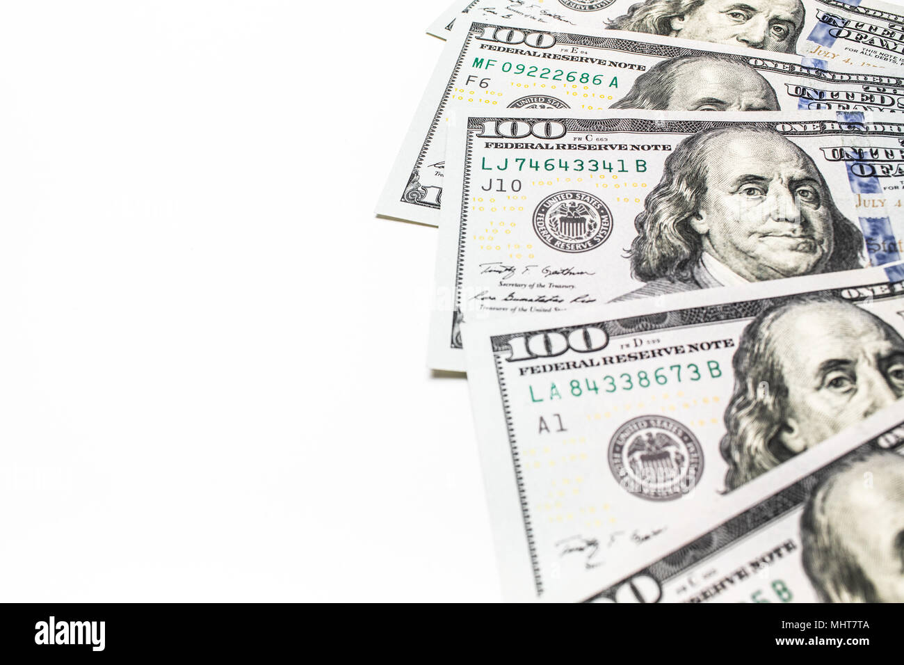 One hundred dollar bills isolated on white background Stock Photo