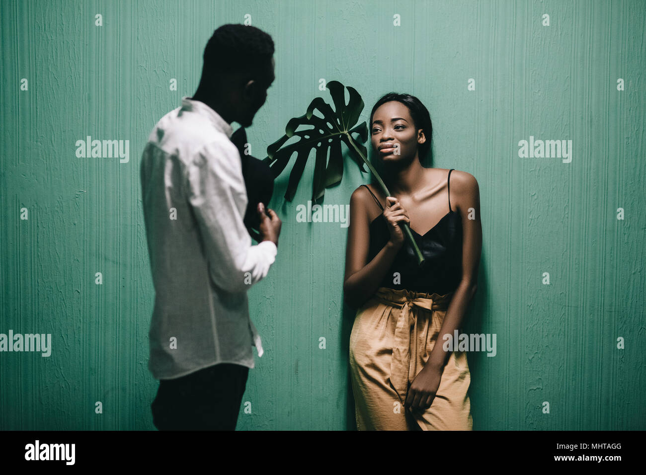 Cheerful beautiful african american couple looking at each other over ...