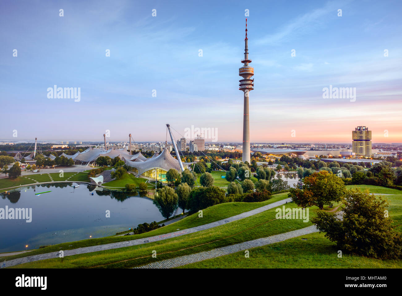 City Skyline of Munich - Olympiapark with TV Tower (Olympia Tower) Stock Photo