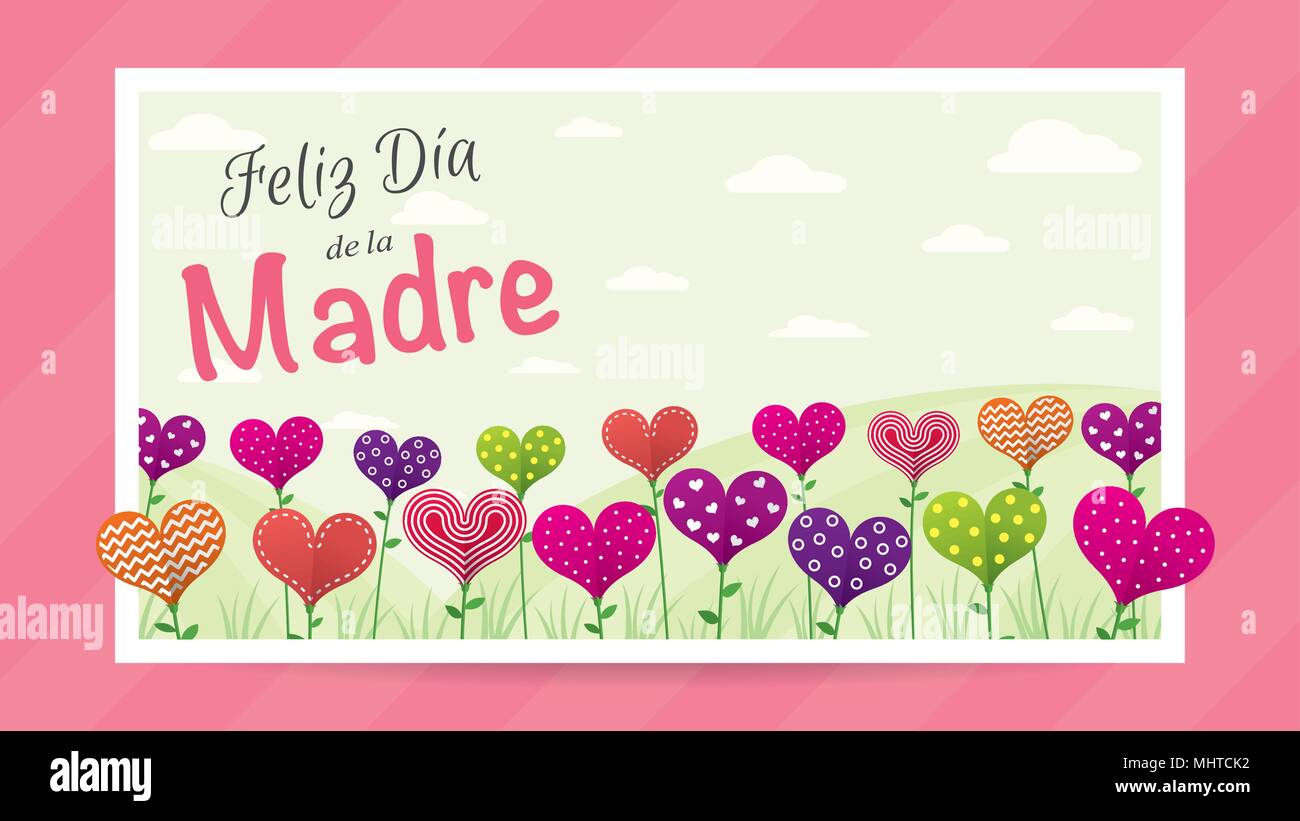 Happy Mother S Day In Spanish Language Greeting Card Field Of Flowers In The Shape Of A Heart Of Different Colors Inside A White Frame On Pink Color Stock Vector Image Art