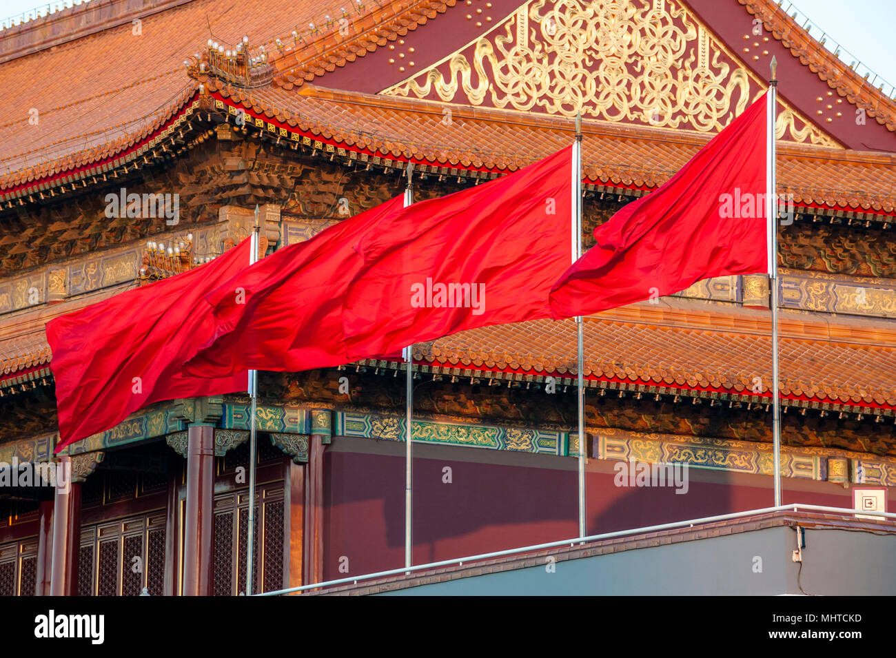 Red flags in Tiananmen tower Stock Photo