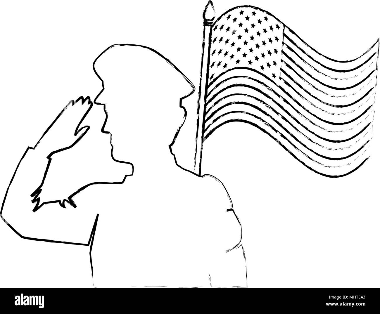 silhouette of military saluting with USA flag vector illustration design Stock Vector