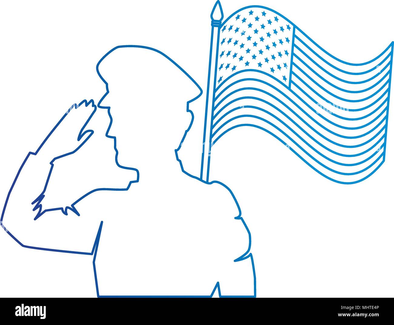 silhouette of military saluting with USA flag vector illustration ...