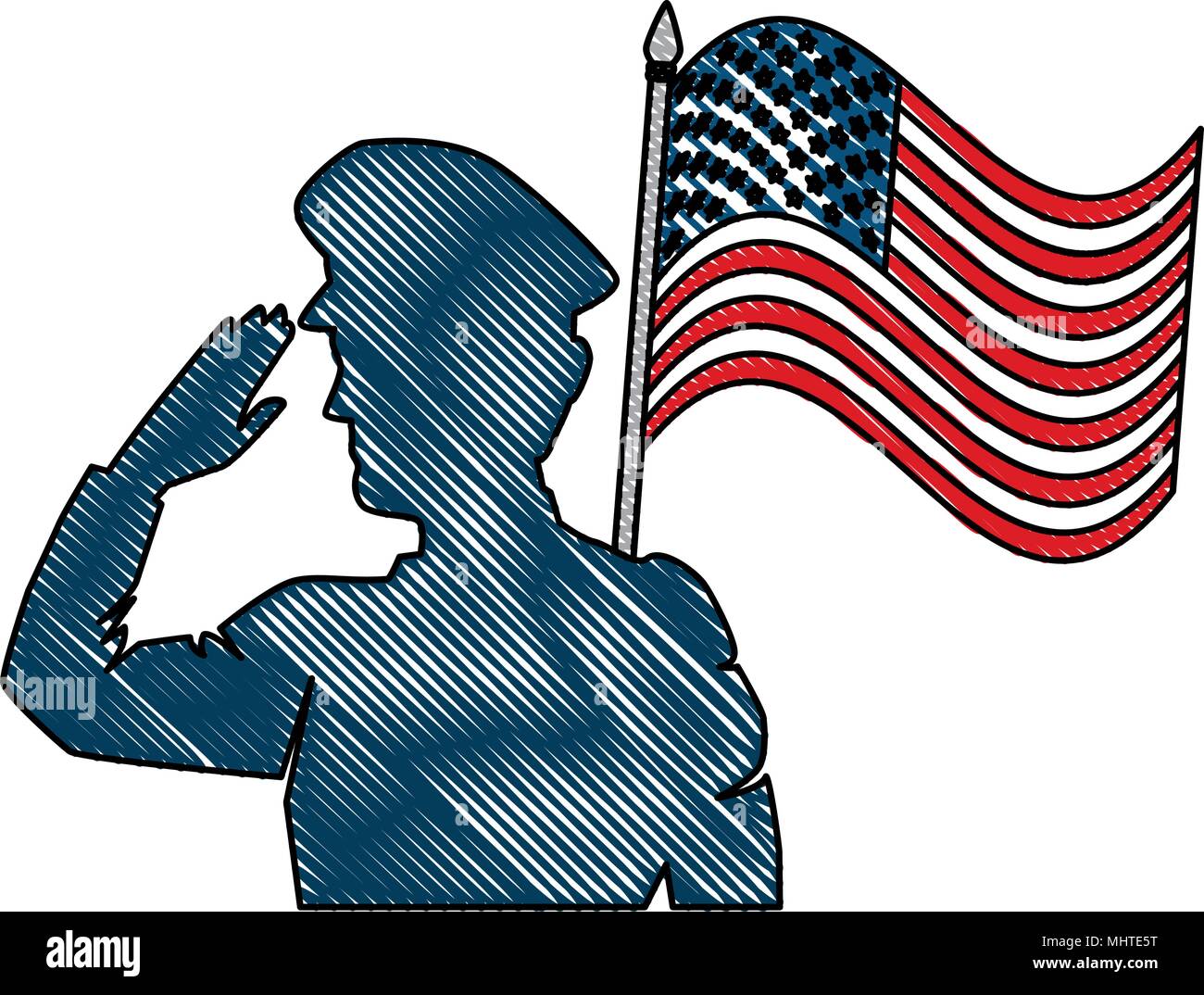 silhouette of military saluting with USA flag vector illustration ...