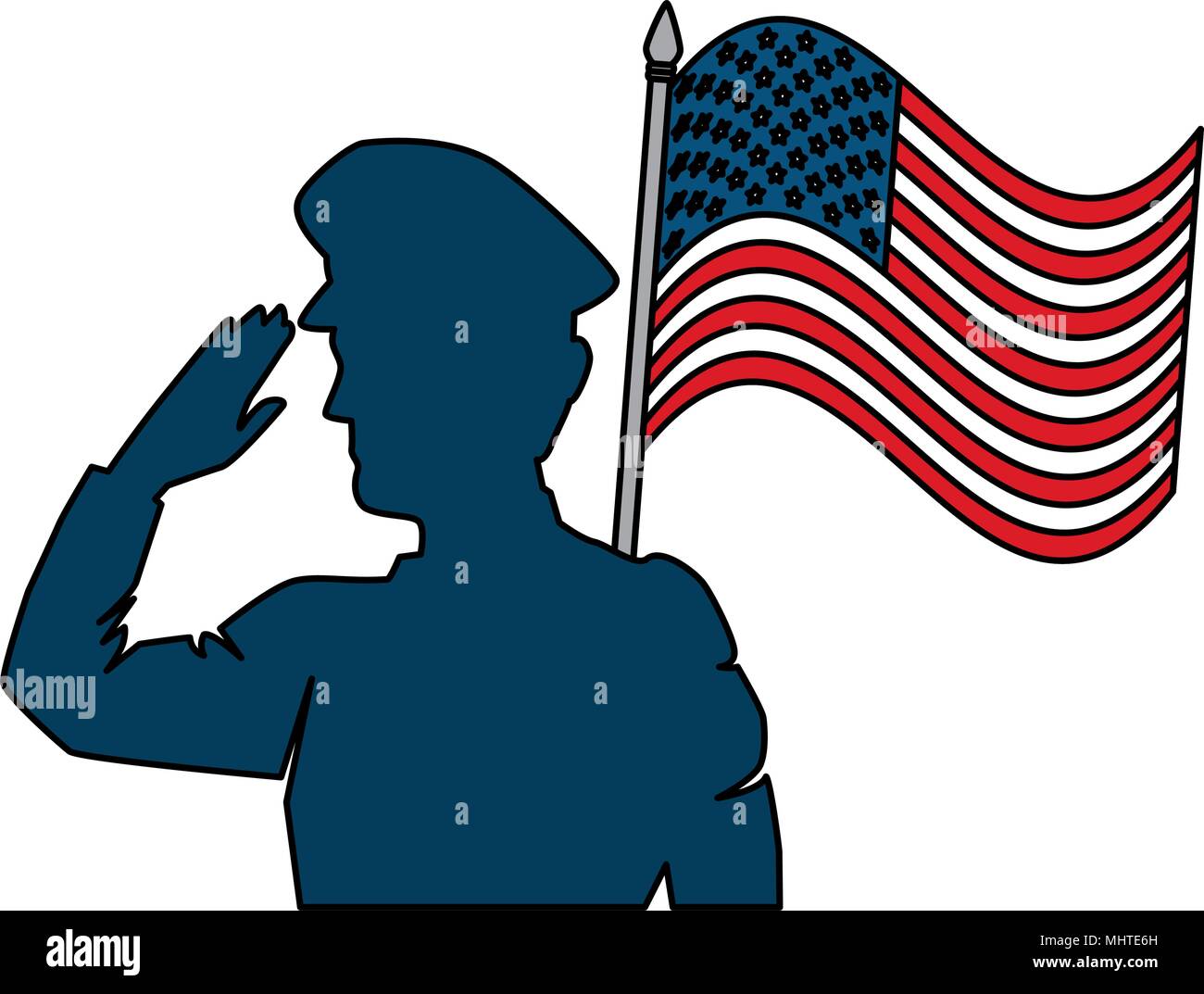 silhouette of military saluting with USA flag vector illustration ...