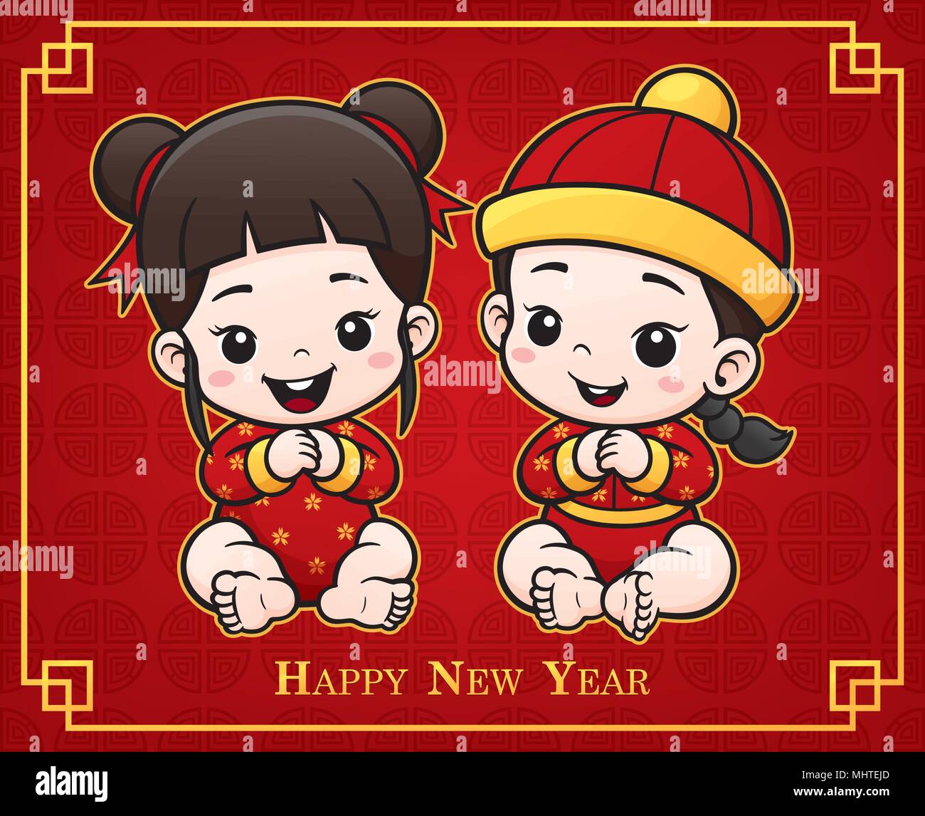 Vector Illustration of Cartoon Chinese Kids. Cute Baby Stock Vector