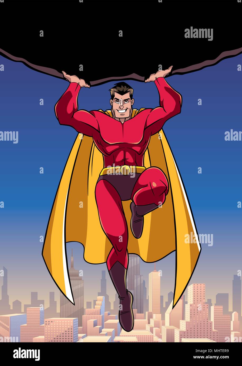 Superhero Holding Boulder Above City Stock Vector