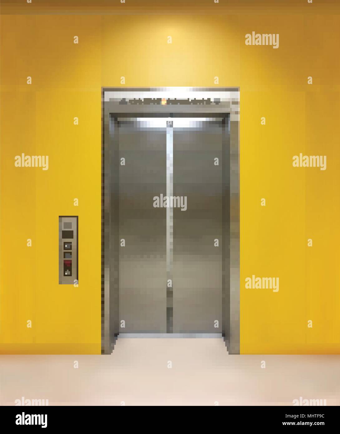 Chrome metal office building elevator doors. Open and closed variant