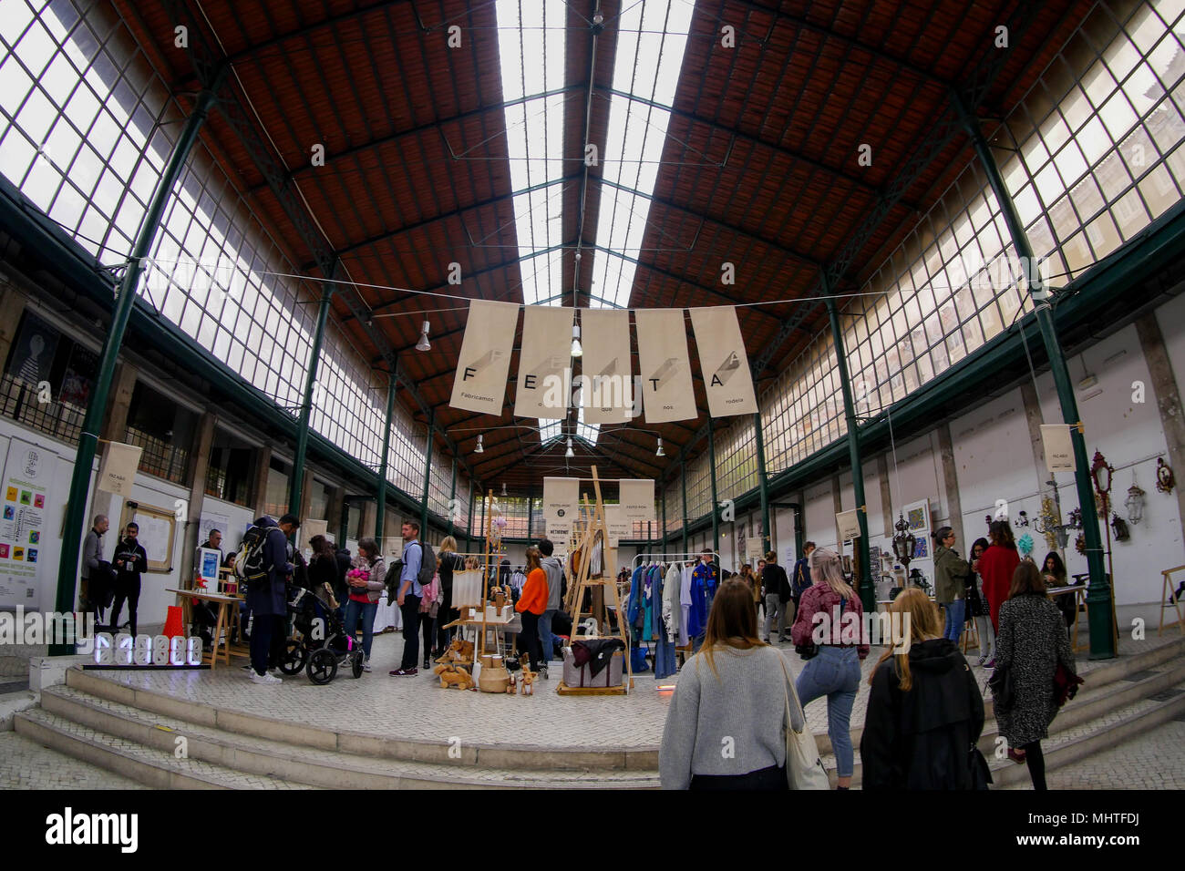 Local Handicraft Trade Fair in an old covered market, Alfama district, Lisbon, Portugal Stock Photo