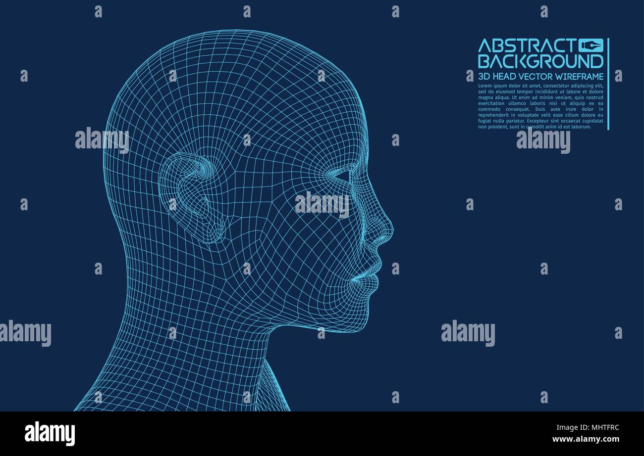 Ai digital brain. Artificial intelligence concept. Human head in robot digital computer interpretation. Wireframe head concept. Stock Vector