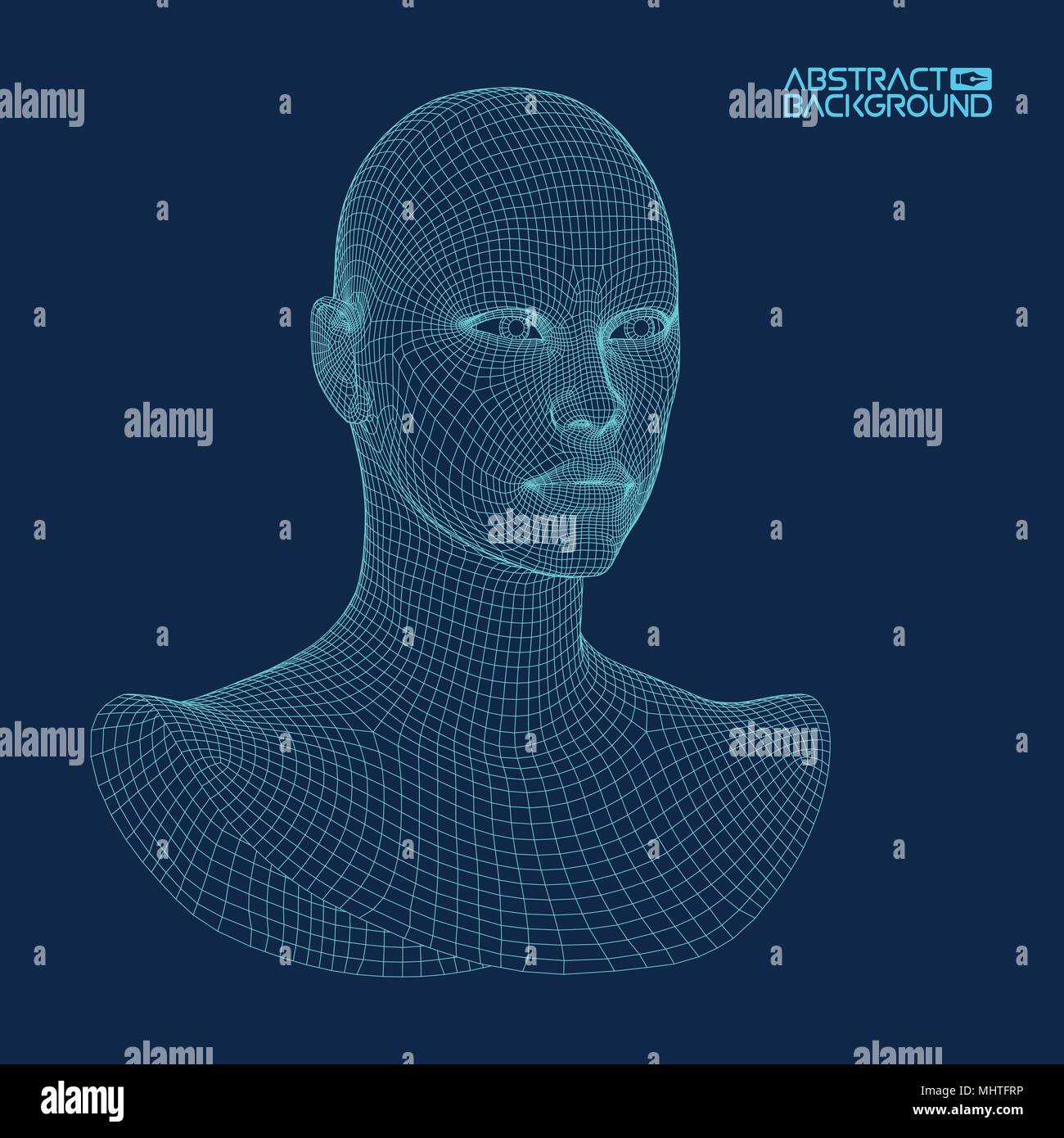 Ai digital brain. Artificial intelligence concept. Human head in robot digital computer interpretation. Wireframe head concept. Stock Vector