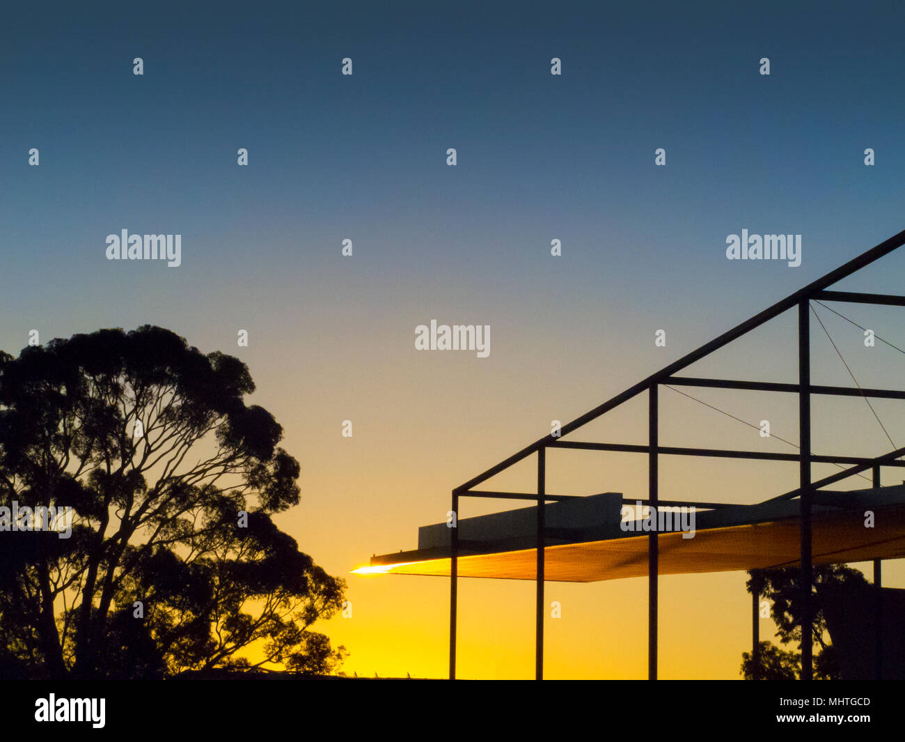 the outer frame of a building contrasts with a large tree within the open dusk sky Stock Photo