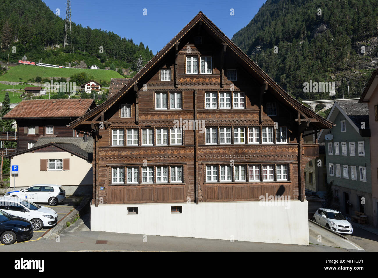 Wassen, Switzerland - 5 August 2017: traditional chalet at Wassen on the Swiss alps Stock Photo
