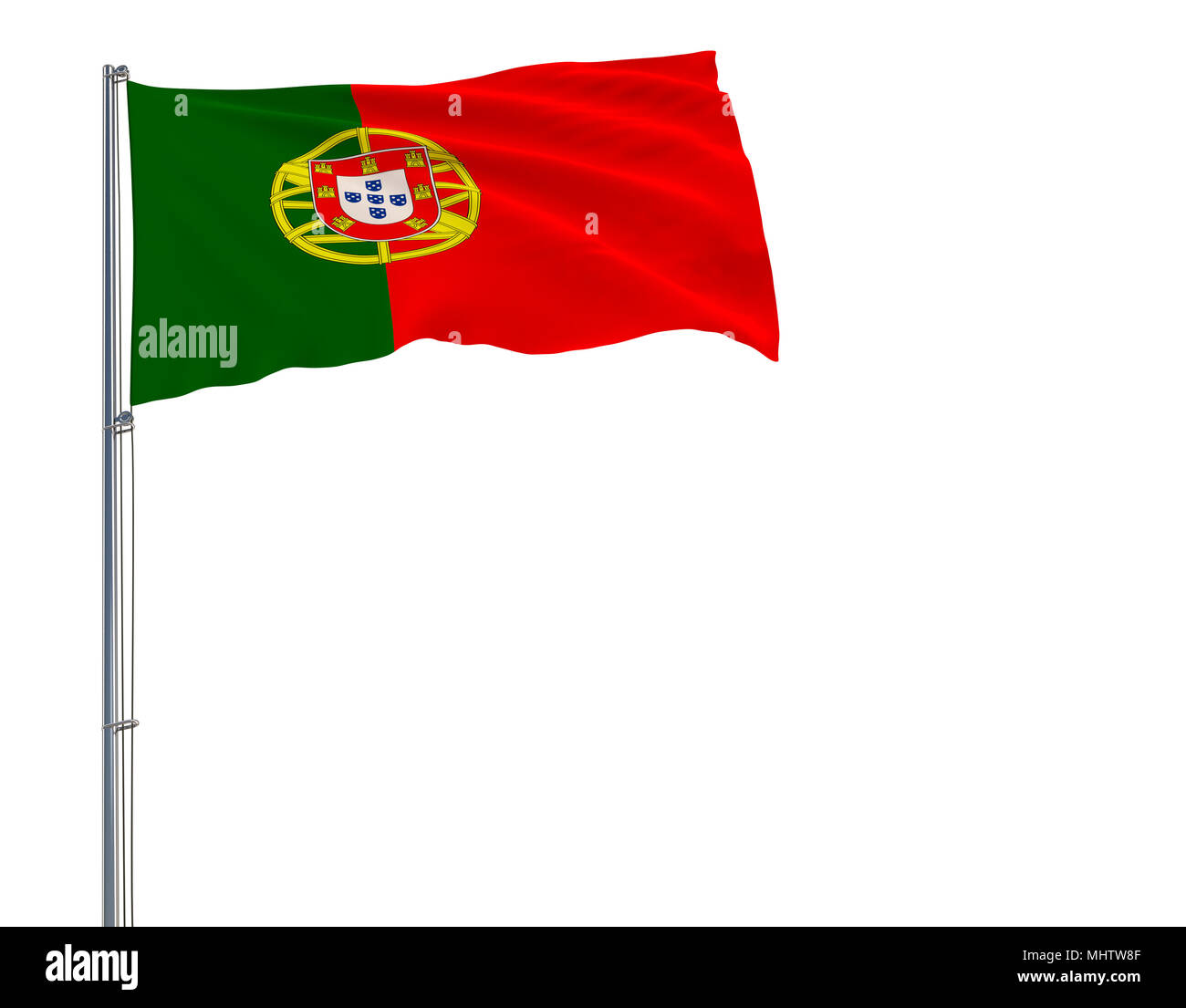 Isolate flag of Portugal on a flagpole fluttering in the wind on a white background, 3d rendering Stock Photo