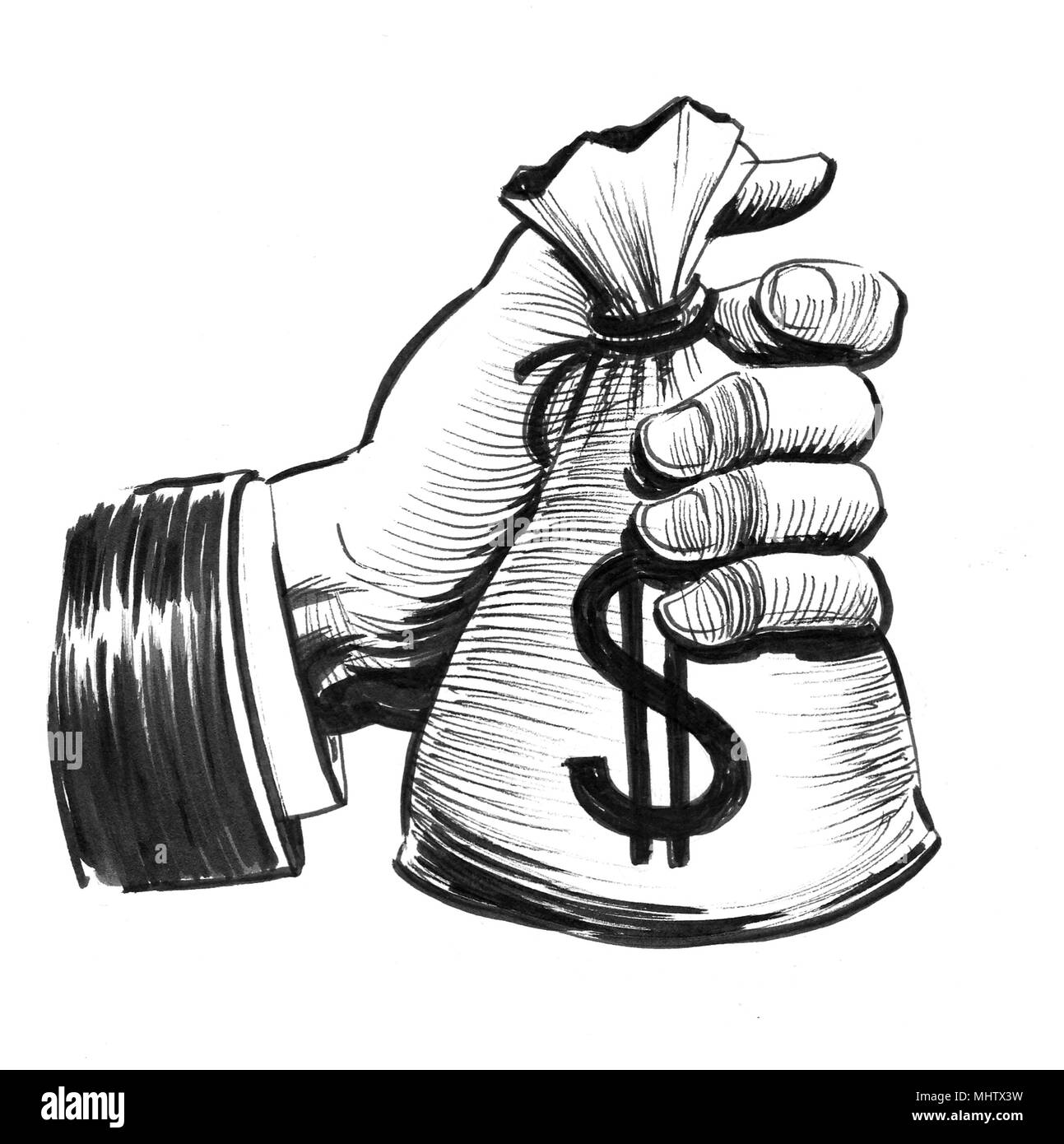 Hand holding money bag. Ink black and white illustration Stock Photo