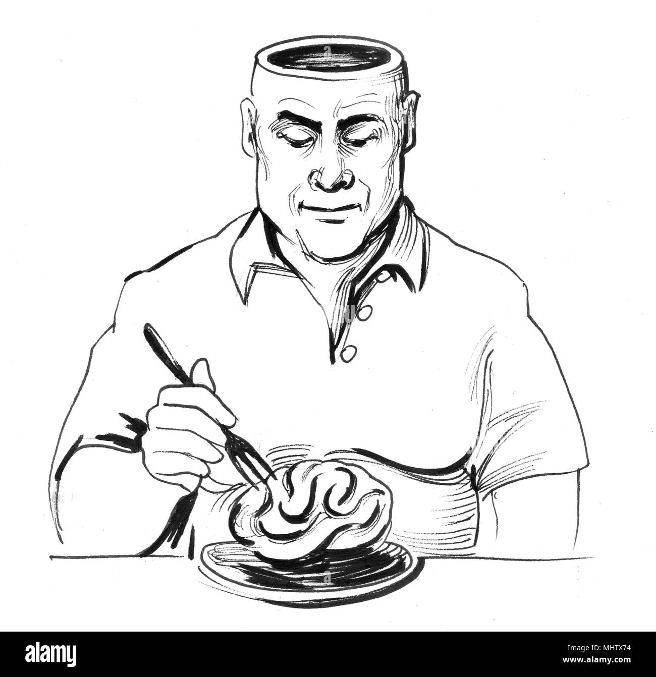 Man eating his brain. Ink black and white illustration Stock Photo