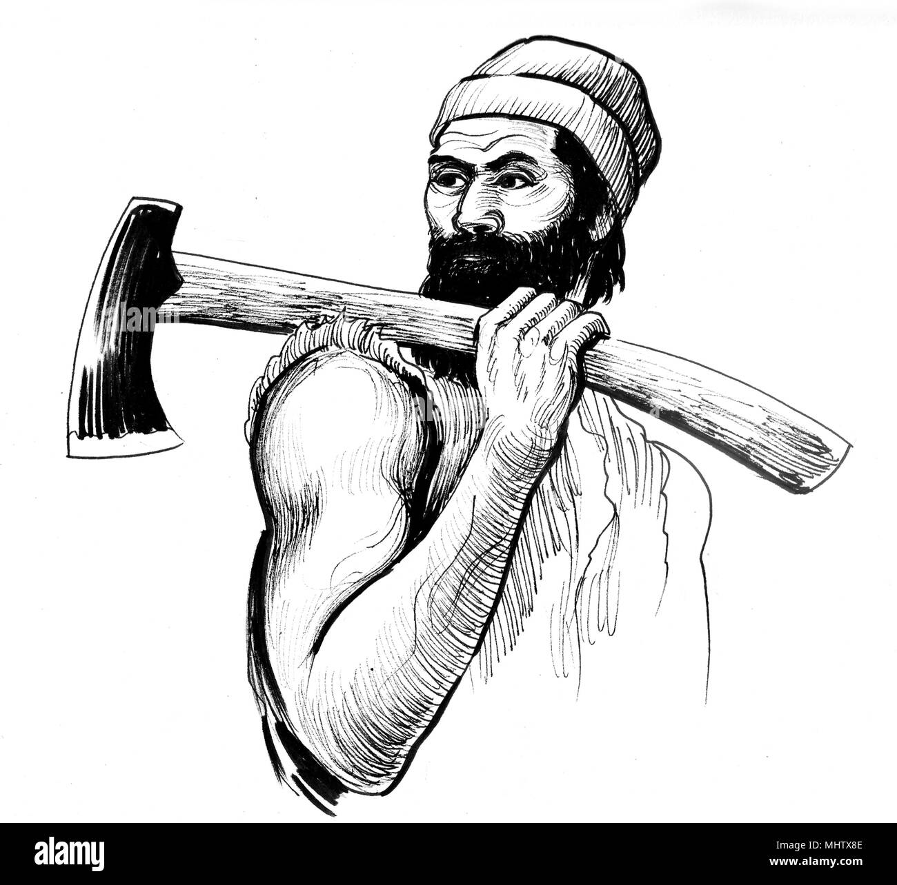 Lumberjack with an axe. Ink black and white illustration Stock Photo
