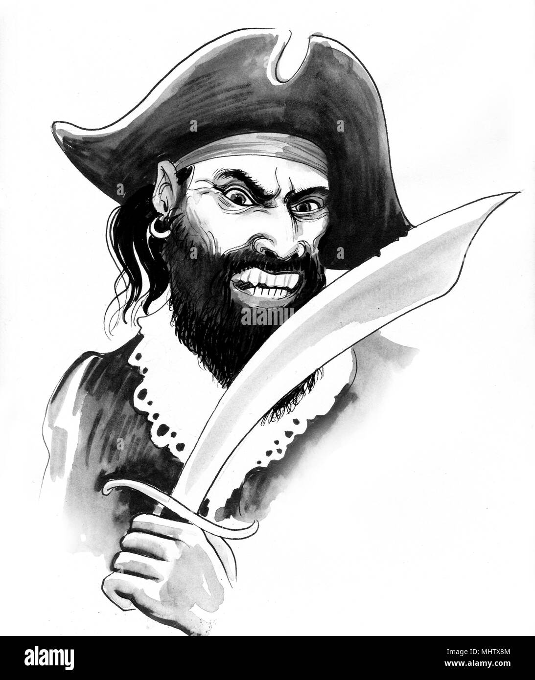 Pirate with a sable. Ink black and white illustration Stock Photo - Alamy