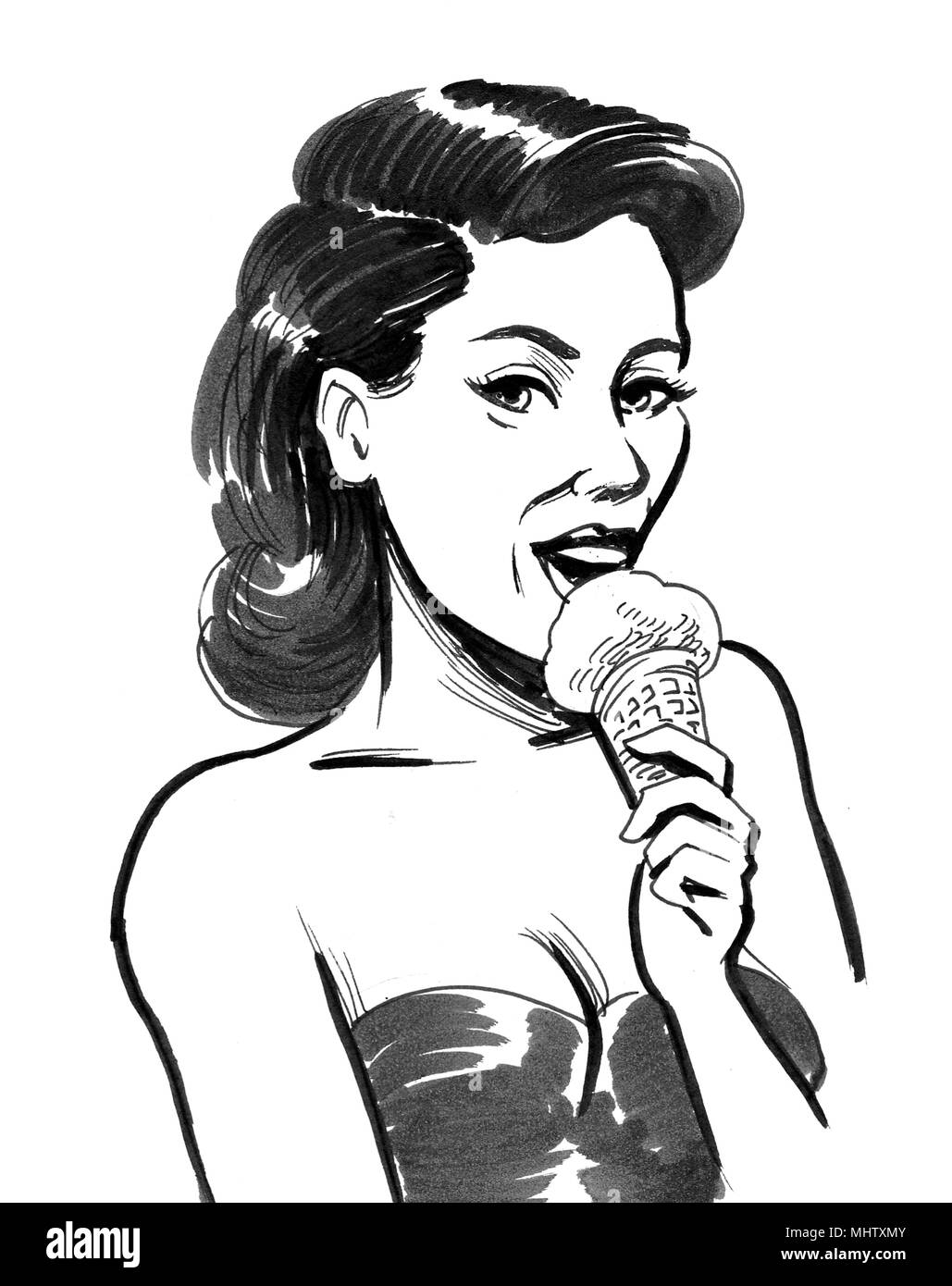 Pretty Girl Eating Ice Cream Ink Black And White Illustration Stock Photo Alamy