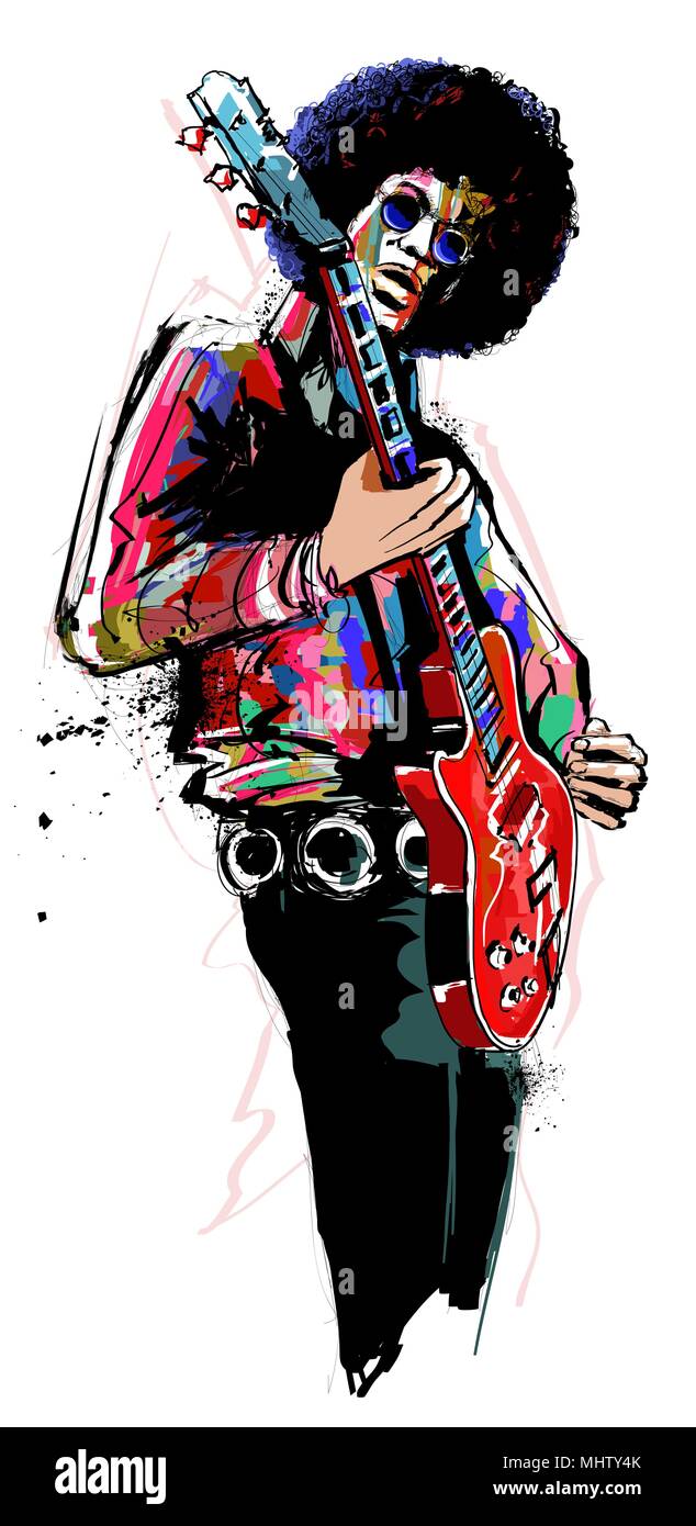 Guitar player with red electric guitar - vector illustration Stock Vector