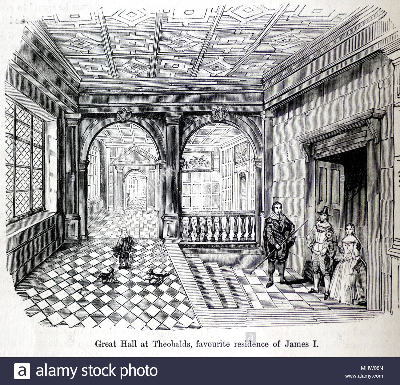 Great Hall at Theobalds, favourite residence of King James I, antique illustration from circa 1880 Stock Photo