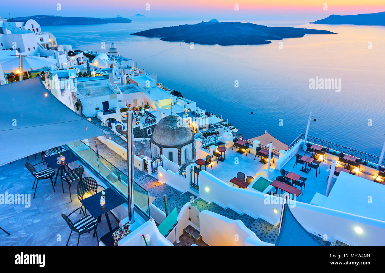 Evening in Santorini - Thira town and Aegean sea at sundown, Greece - Landscape Stock Photo