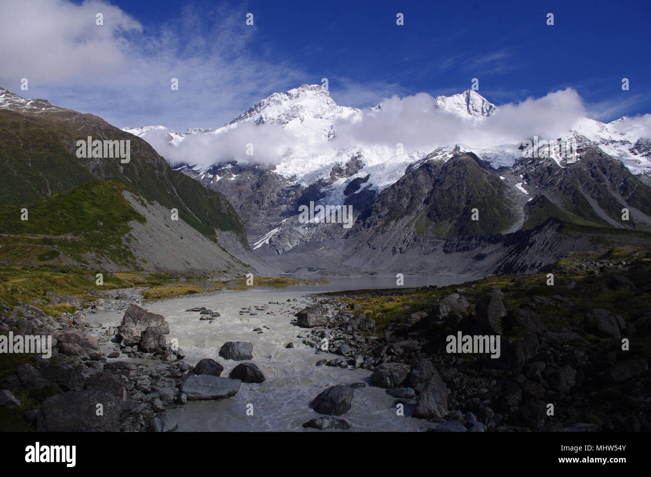 New Zealand Hooker Valley Snowy Peaks Glacier River Rocky Mountain Landscape Stock Photo Alamy