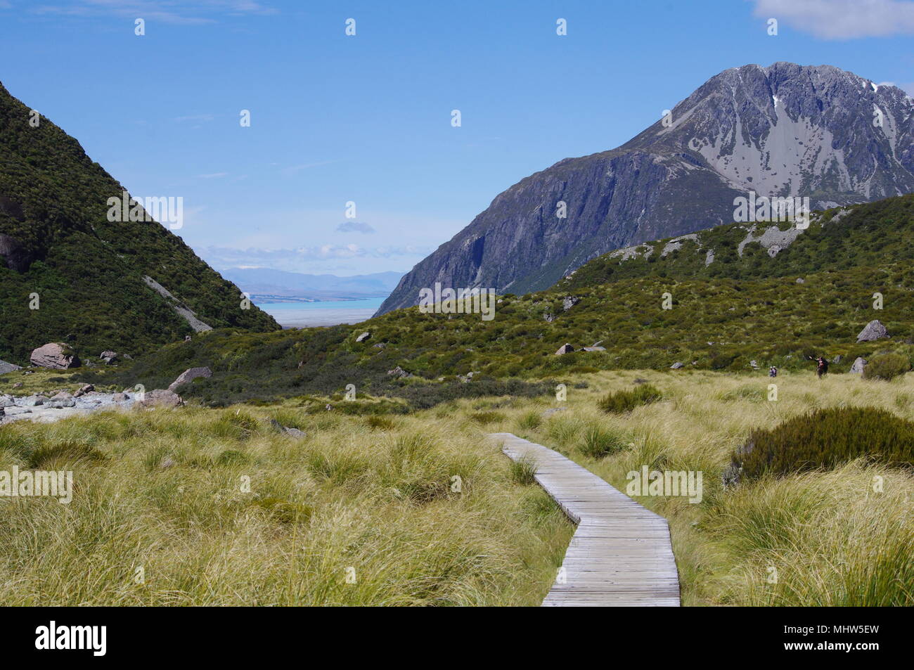 New Zealand Hooker Valley rocky mountain landscape boardwalk track Stock Photo