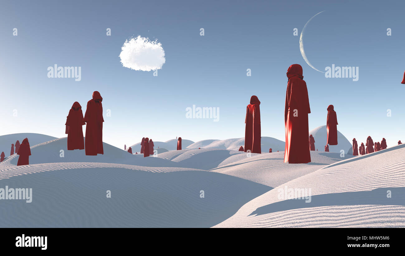 Figures in red robes in the white desert Stock Photo