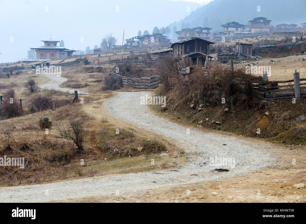 Winding road through village, Phobjikha Valley, Wangdue Phodrang, Bhutan Stock Photo