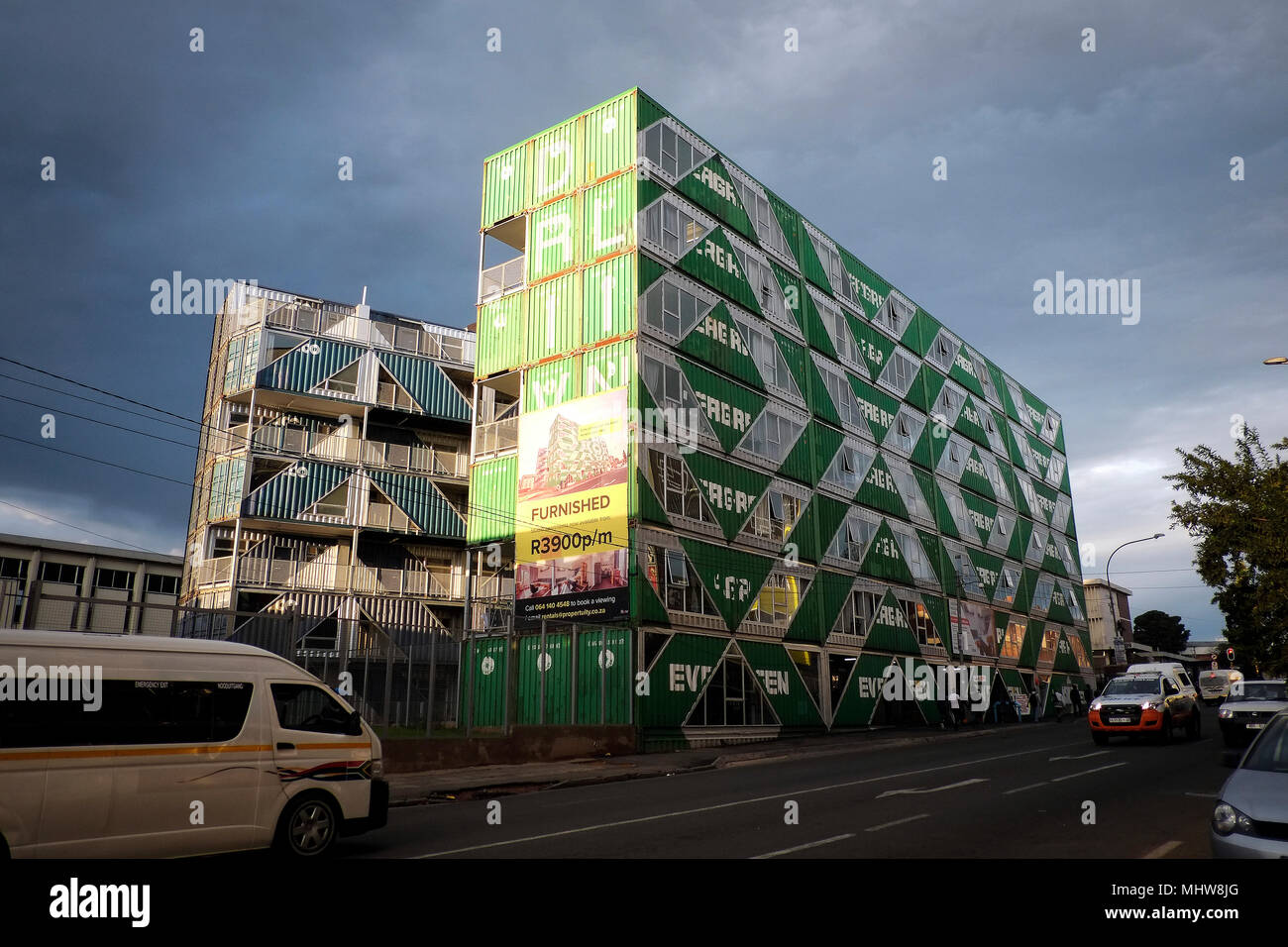 An apartment building in the Maboeng district of Johannesburg, South Africa, constructed from used shipping containers. Stock Photo