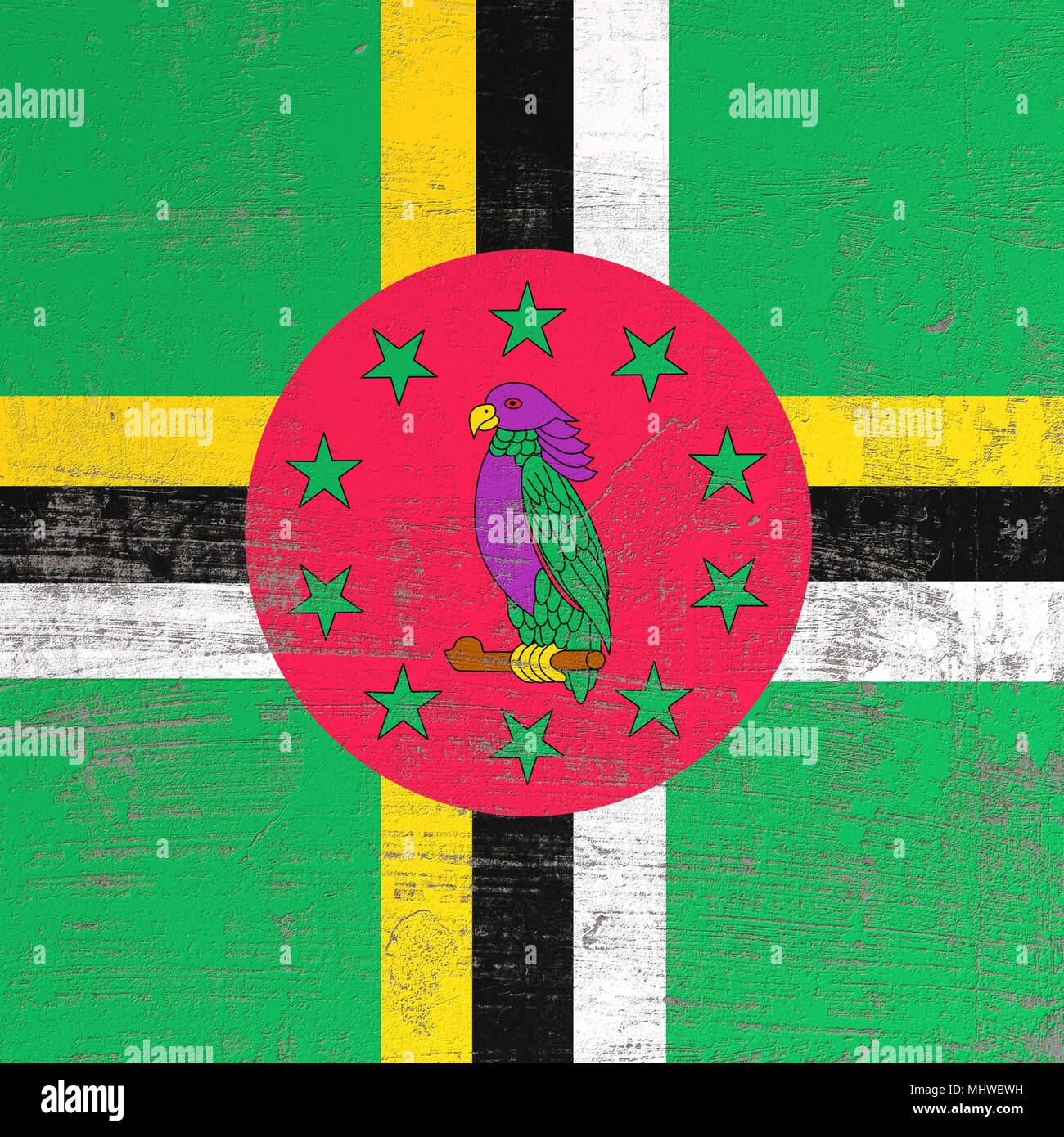 3d rendering of Dominica flag in a scratched surface Stock Photo