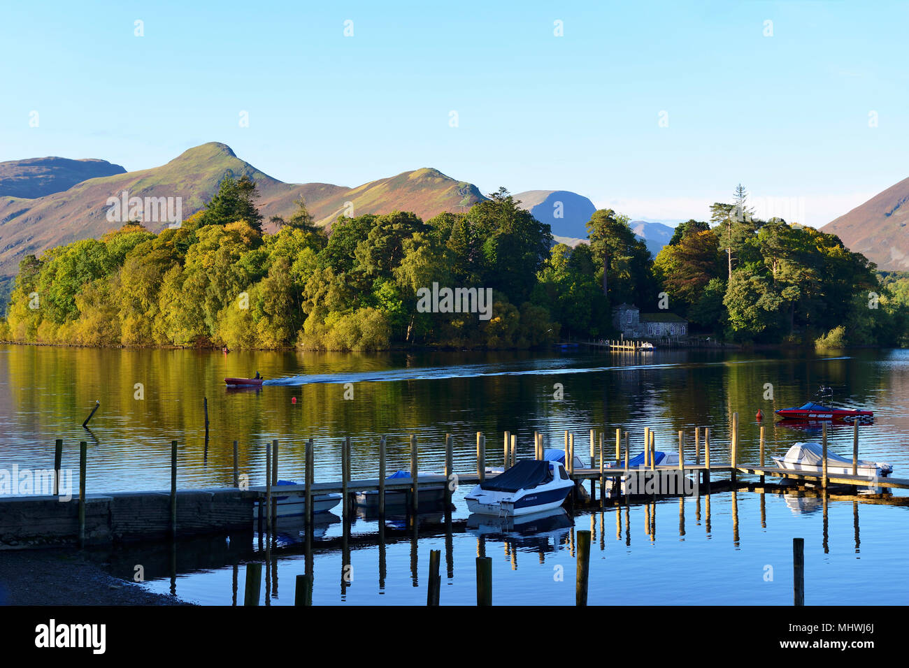 Derwent Isle from Keswick landing stage on Derwent Water in the Lake District National Park in Cumbria, England Stock Photo