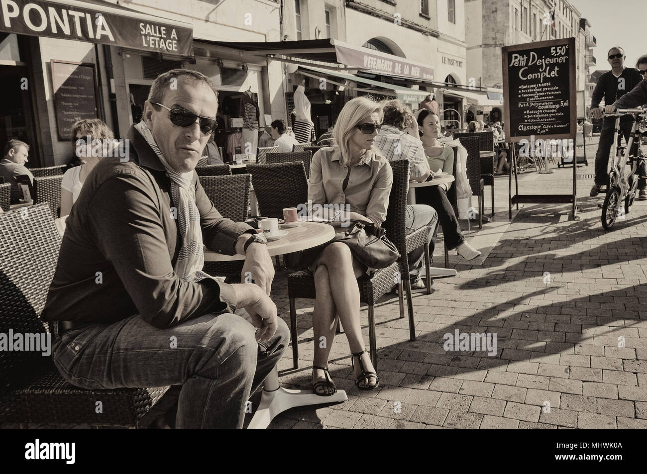 Waterfront pavement cafes and bars, La Rochelle, Charente-Maritime department., France Stock Photo
