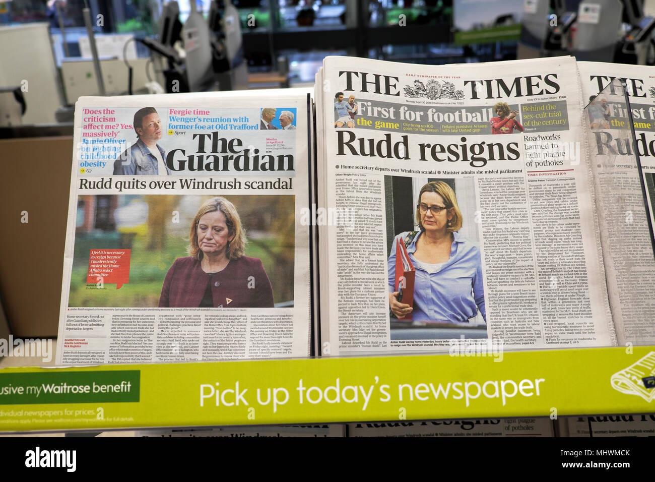 'Amber Rudd quits over Windrush scandal' news headline in The Guardian and 'Rudd resigns' on front page of The Times newspaper headlines 30 April 2018 Stock Photo