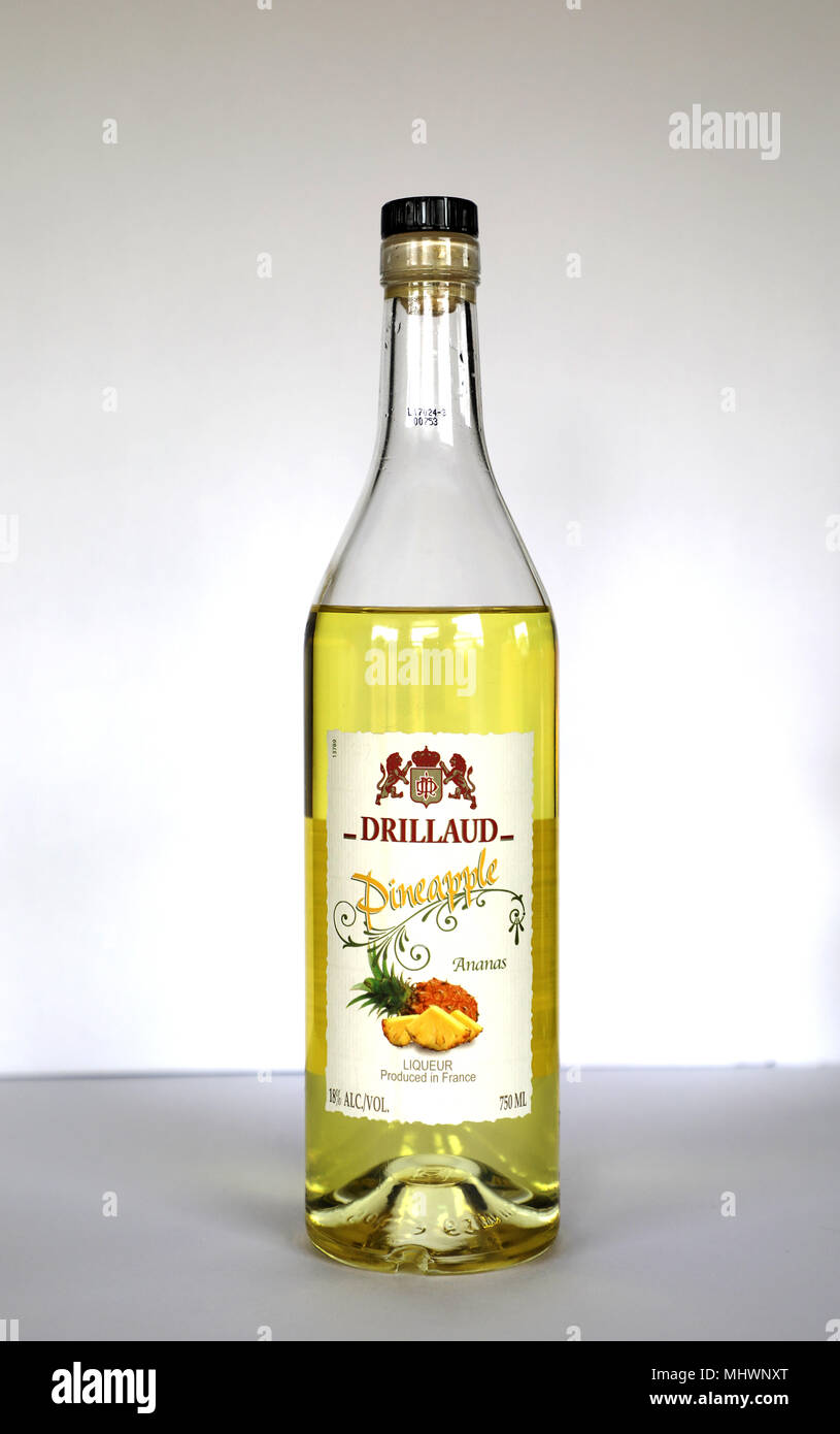 Drillaud Pineapple Ananas Liqueur Product Of France 18 Alcohol Bottle on White Background Stock