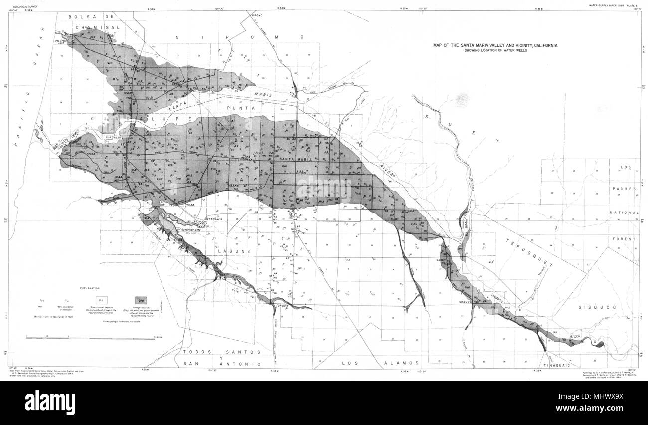 Map Of Santa Maria Area - California Santa Barbara Maria Valley Water Wells 1944 Old Vintage Map Chart MHWX9X