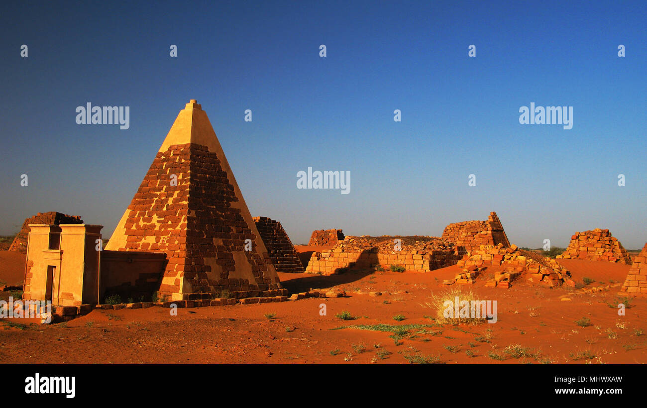 Landscape of Meroe pyramids in the desert, Sudan, Stock Photo