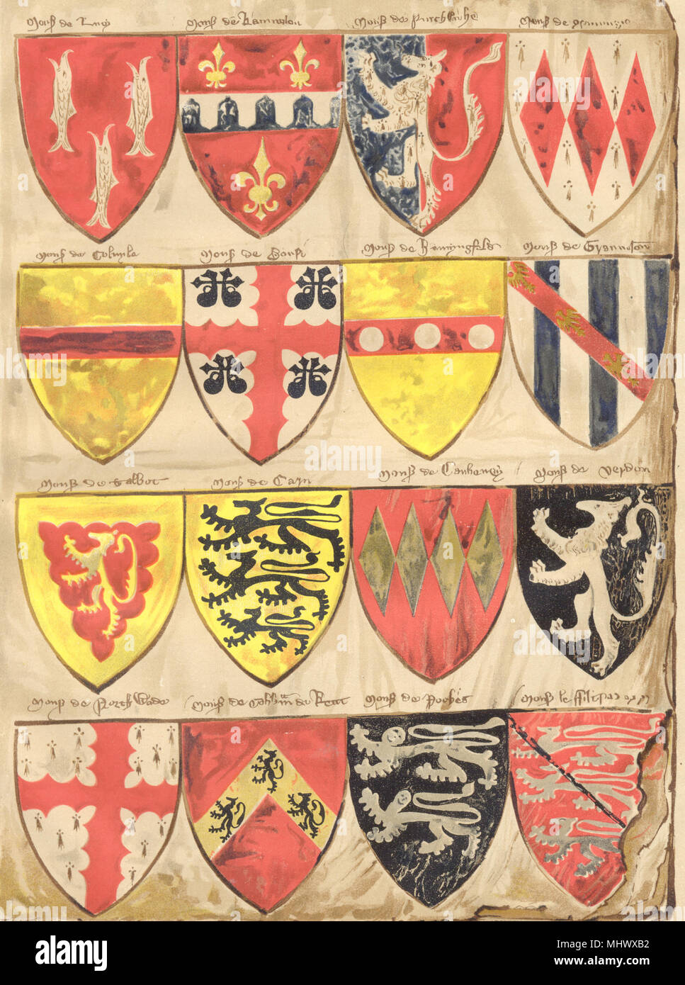 ENGLAND. Heraldry;Sixteen shields roll Arms English Knights Barons Edward 3 1910 Stock Photo