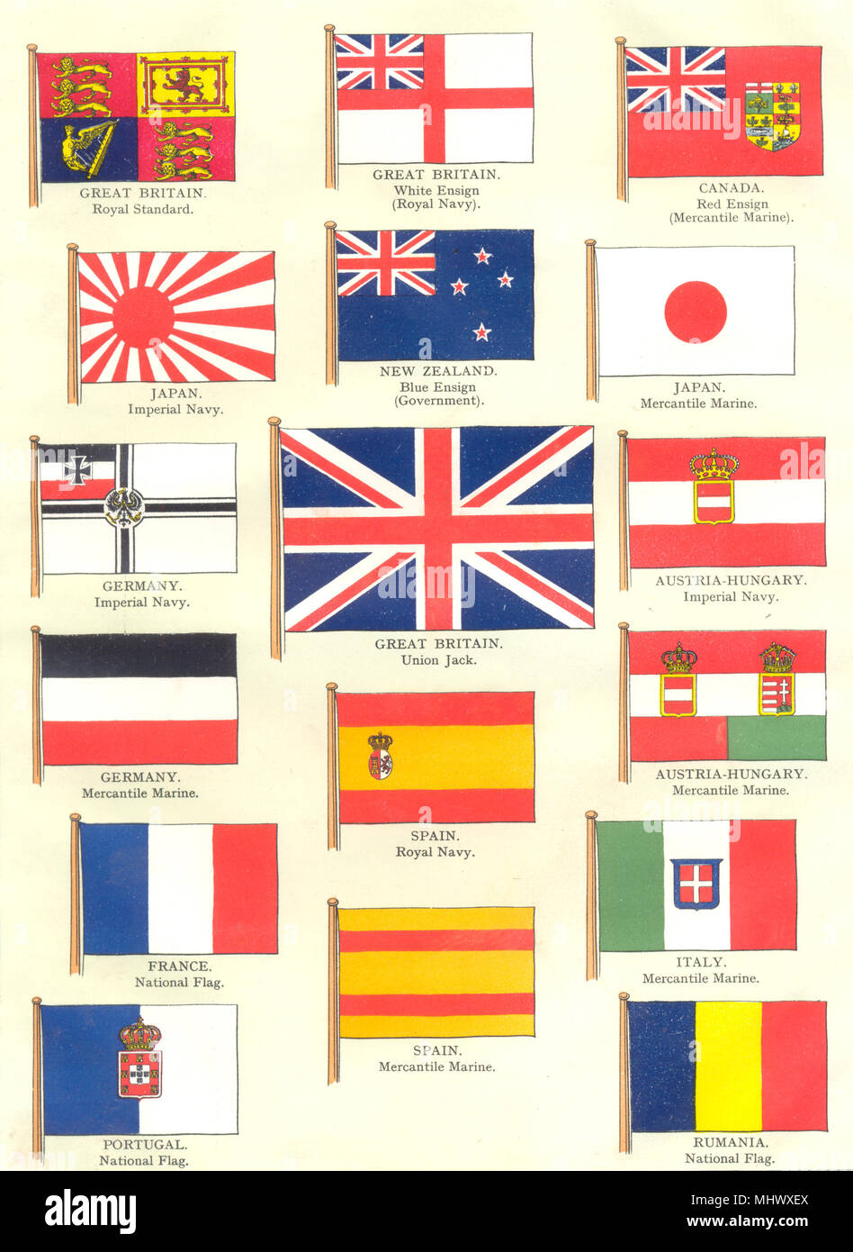 EUROPE FLAGS. Royal Standard; White Red Blue Ensign; Navy,Mercantile Marine 1910 Stock Photo