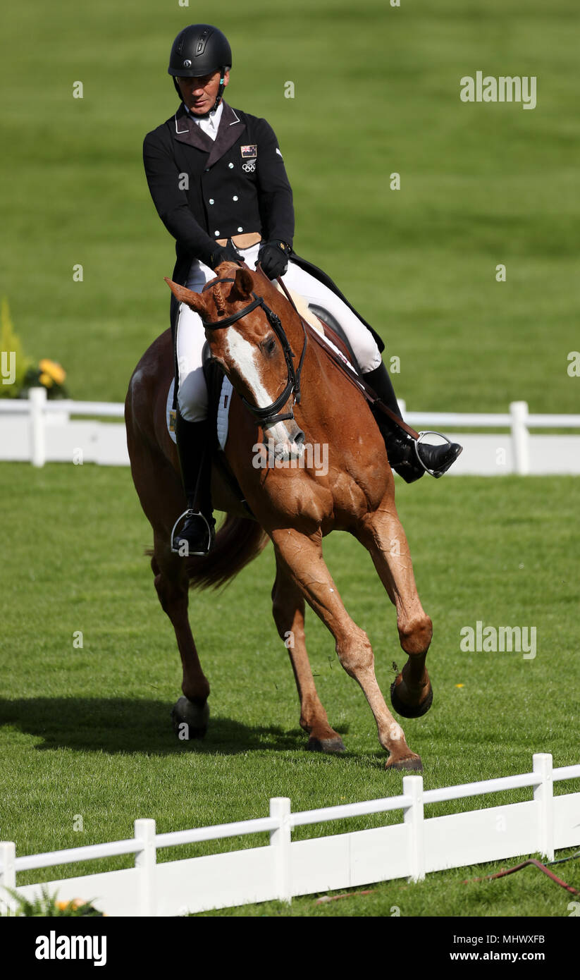 Andrew Nicholson with Nereo during day two of the Mitsubishi Motors Badminton Horse Trials at The Badminton Estate, Gloucestershire. Stock Photo