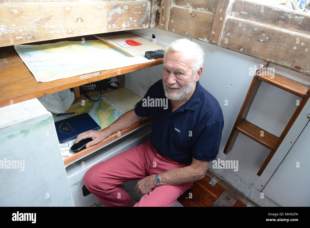 Sir Robin KnoxJohnston on Suhaili, on which he became the first man to